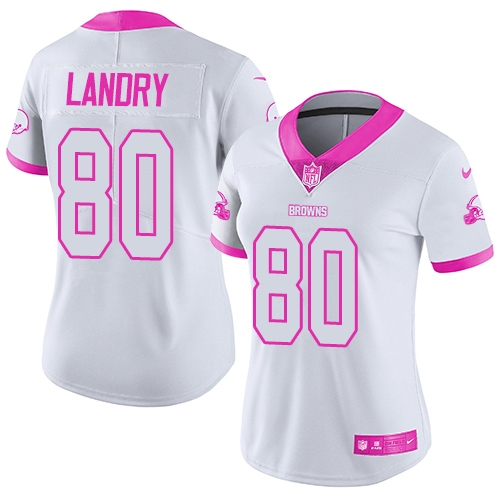 Nike Browns #80 Jarvis Landry White/Pink Women's Stitched NFL Limited Rush Fashion Jersey